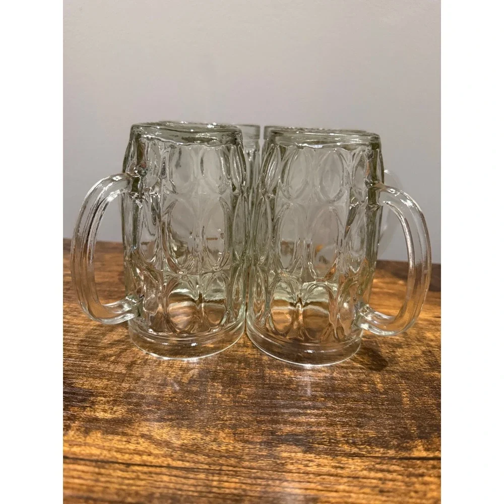 Vintage Thumbprint Glass RootBeer Mugs Set of 4 Clear Dimple Steins 5.5